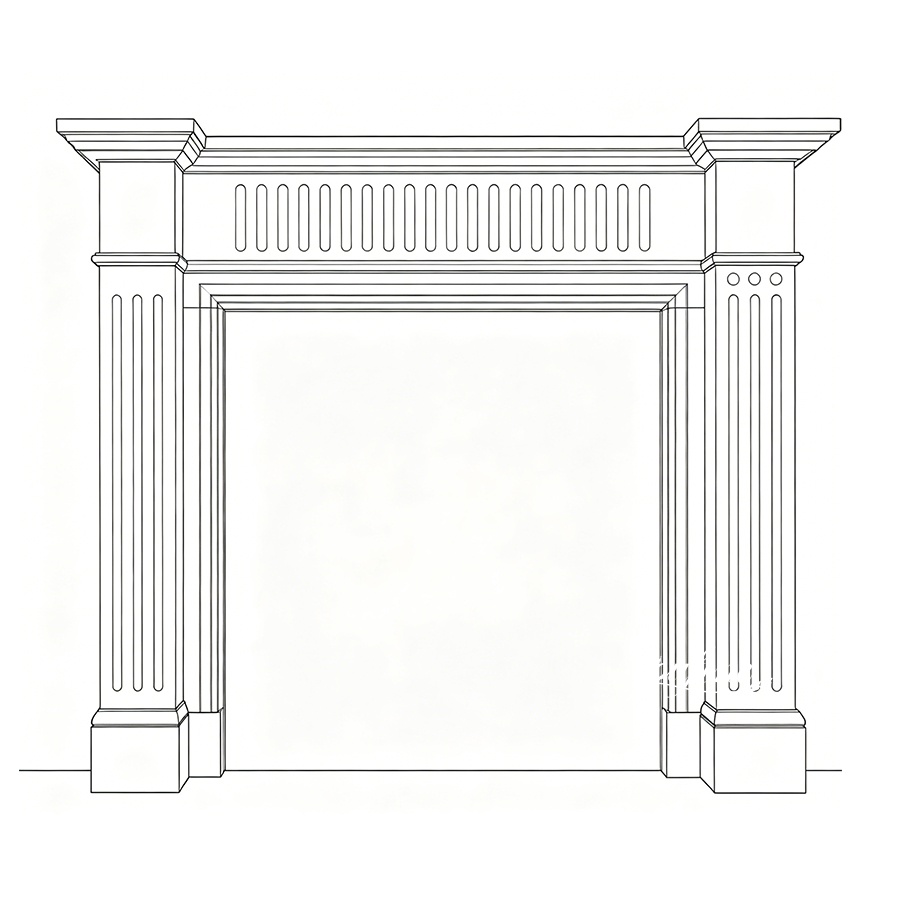 Detailed line art of a marble fireplace design with fluted columns and decorative molding for luxury interior projects.