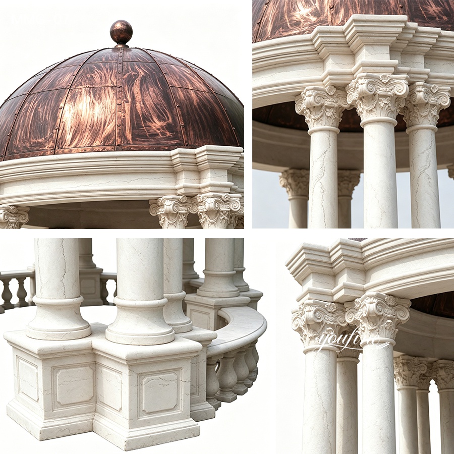 Close-up views of an elegant marble gazebo featuring intricate columns, detailed carvings, and a polished copper dome.