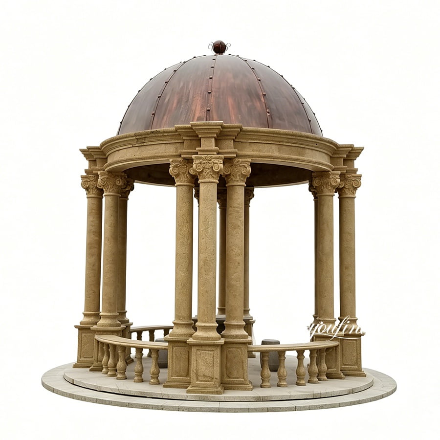 Exquisite marble gazebo featuring intricately carved columns, circular design, and a polished copper dome on top.