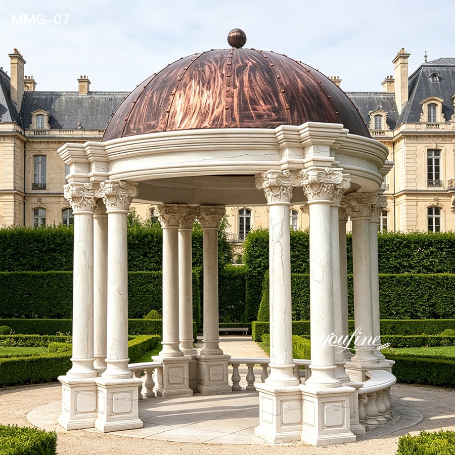 A luxurious marble gazebo with intricate columns and a copper dome set in a manicured formal garden with a grand European-style building.