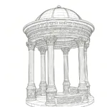 Detailed line drawing of a marble gazebo featuring a domed roof, Corinthian columns, and ornate carvings.