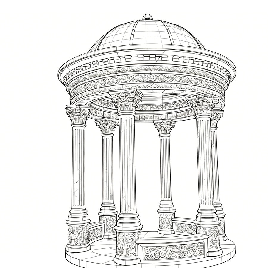 Detailed line drawing of a marble gazebo featuring a domed roof, Corinthian columns, and ornate carvings.