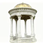 Elegant marble gazebo featuring intricately carved columns and a gold dome, showcasing luxurious design and craftsmanship.