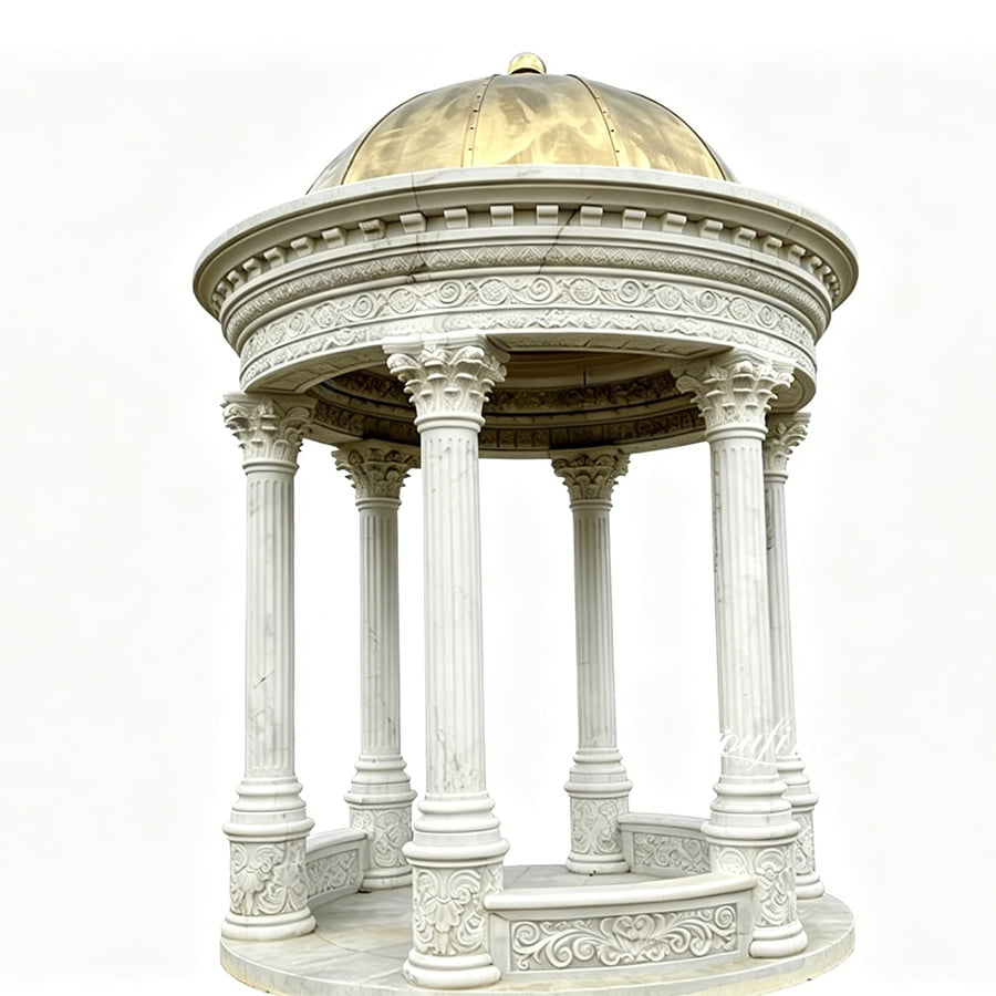 Elegant marble gazebo featuring intricately carved columns and a gold dome, showcasing luxurious design and craftsmanship.