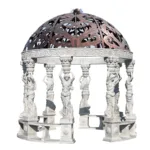 Intricately designed marble gazebo featuring sculpted female figurative columns supporting an ornate metal dome with floral patterns.