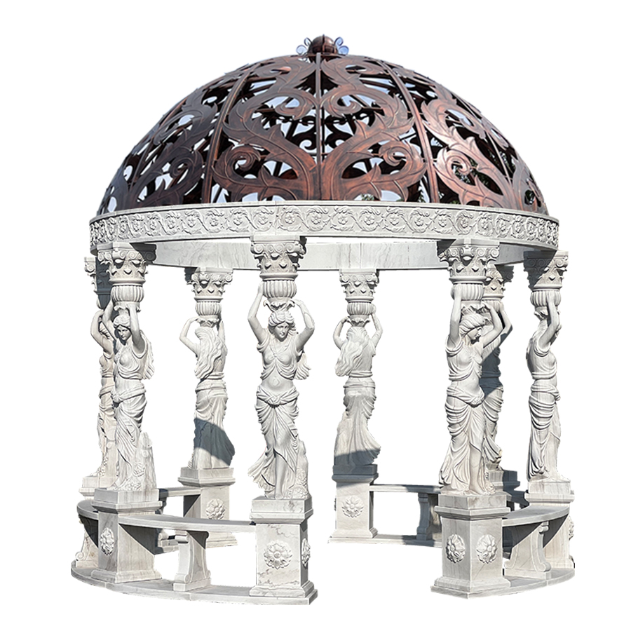 Intricately designed marble gazebo featuring sculpted female figurative columns supporting an ornate metal dome with floral patterns.