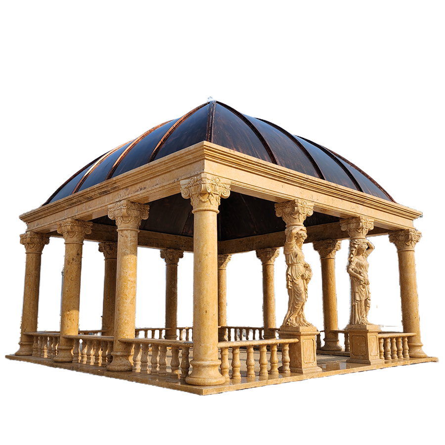 Large elegant marble gazebo featuring intricately sculpted figure columns, ornate carvings, and a domed roof design.