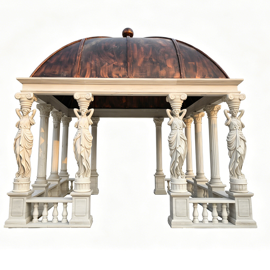 A luxurious marble gazebo featuring intricately carved caryatid columns and a domed copper roof, perfect for high-end outdoor spaces.