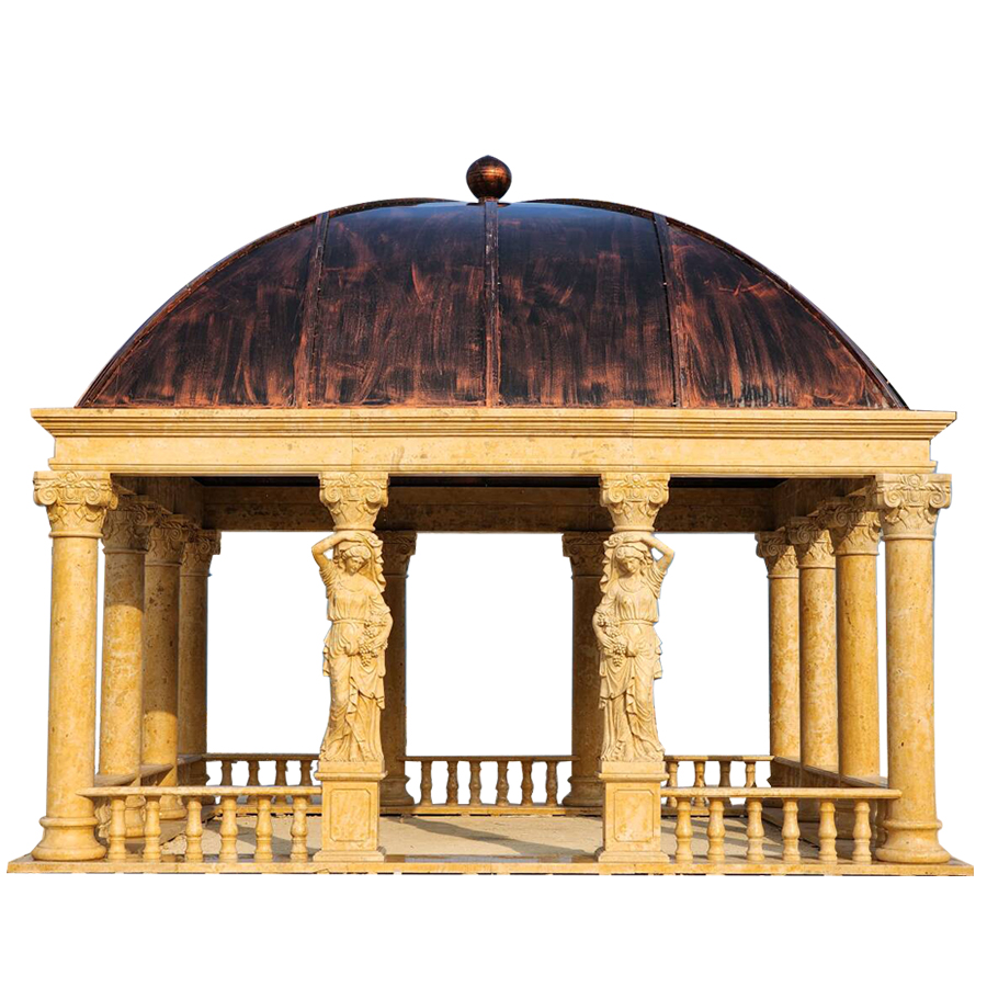 A luxurious marble gazebo with intricate columns, figure sculptures, and a domed bronze roof, perfect for outdoor spaces.