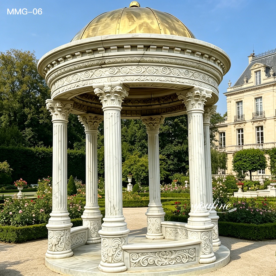 A beautifully crafted white marble gazebo with a golden dome and intricately carved columns, placed within a formal garden setting.