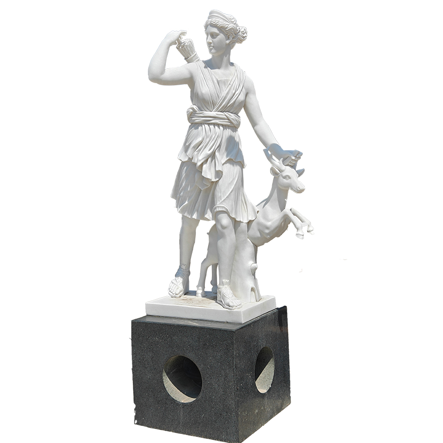 Elegant marble statue of a goddess holding a deer, standing on a dark stone pedestal with circular cutouts.