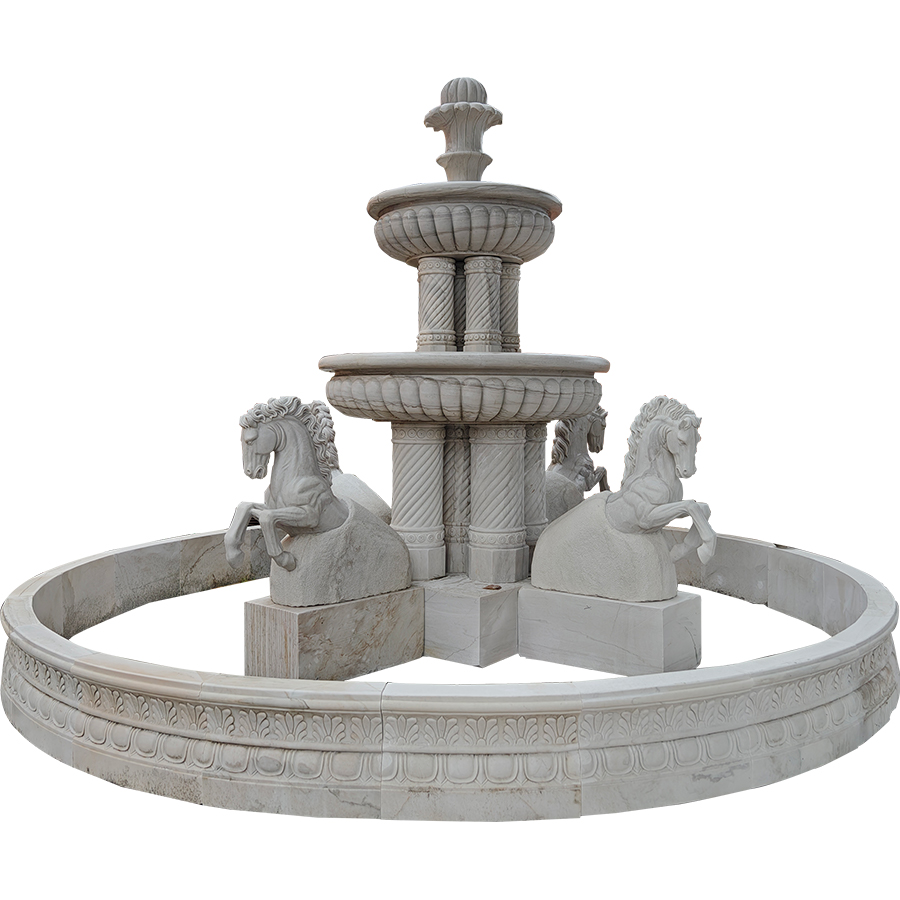 Classic marble fountain featuring intricately carved horse sculptures and decorative patterns, ideal for luxury outdoor spaces.
