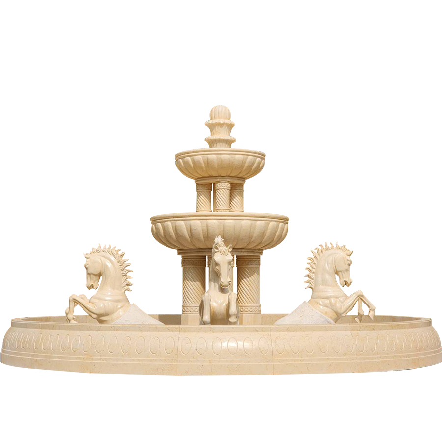 Exquisite three-tiered beige marble fountain featuring detailed horse sculptures and ornate carvings, ideal for luxury outdoor spaces.