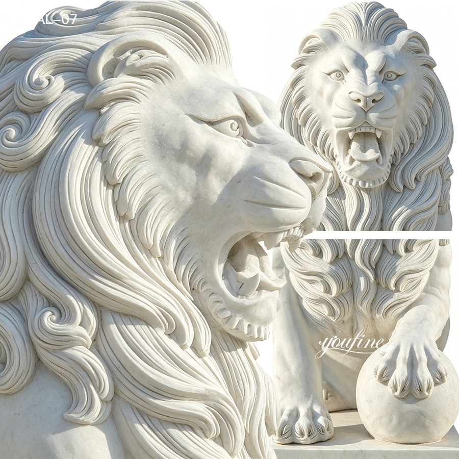 Closeup of a finely detailed marble lion sculpture featuring a fierce expression and intricate mane, showcasing luxury craftsmanship.