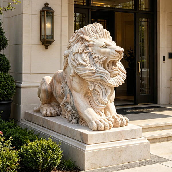 Sunset Red Vein Marble Lion for Luxury Mansion