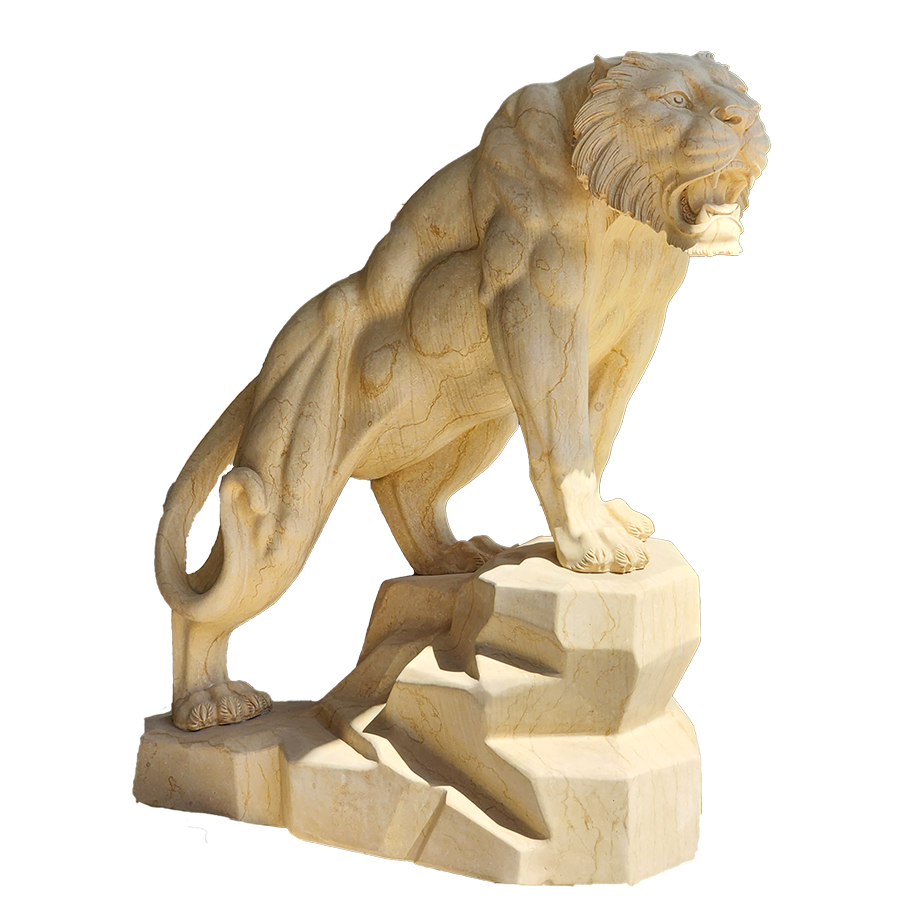 A detailed marble sculpture of a roaring lion standing on a rock base, showcasing expert craftsmanship in marble carving.
