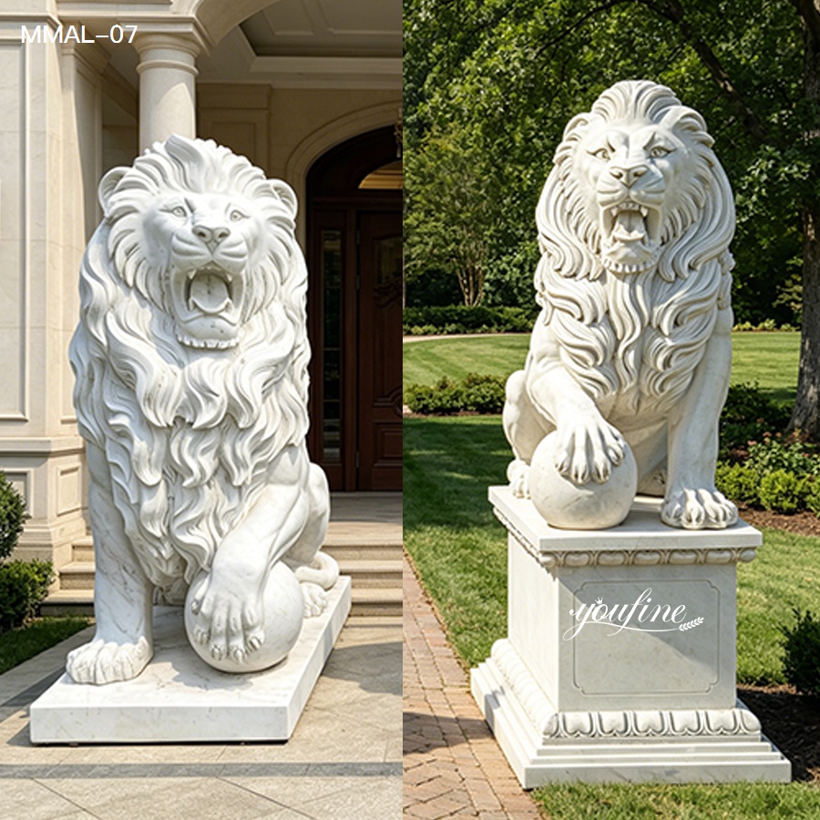 Two marble lion statues, intricately carved with lifelike detail, placed outdoors near an entrance and in a garden setting.