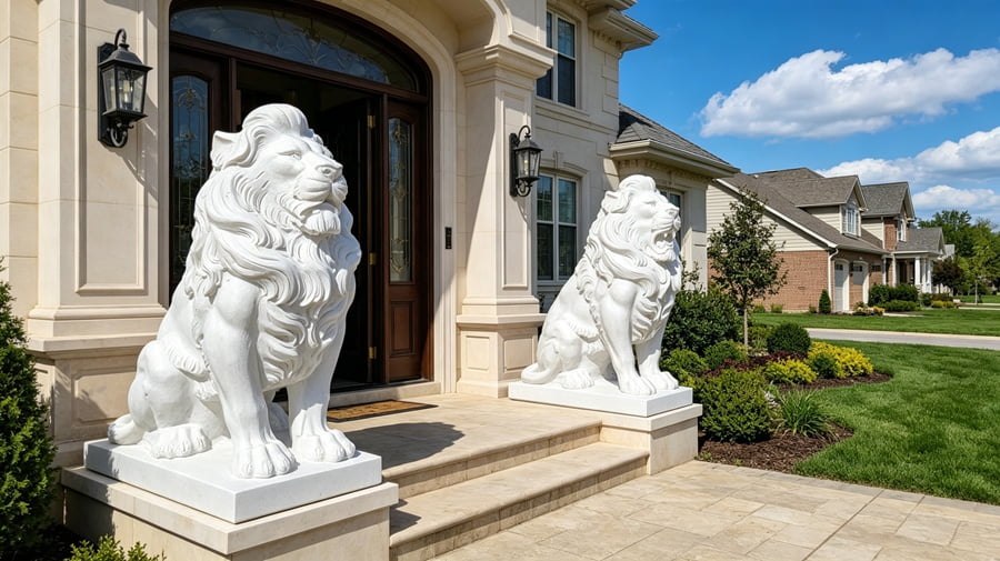 Marble lion in villa courtyard