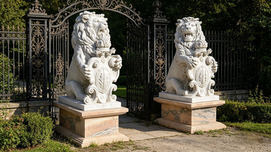 Marble lion in garden landscape