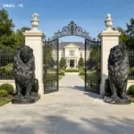 Two black marble lion statues flank ornate wrought iron gates, leading to an elegant mansion surrounded by lush greenery.