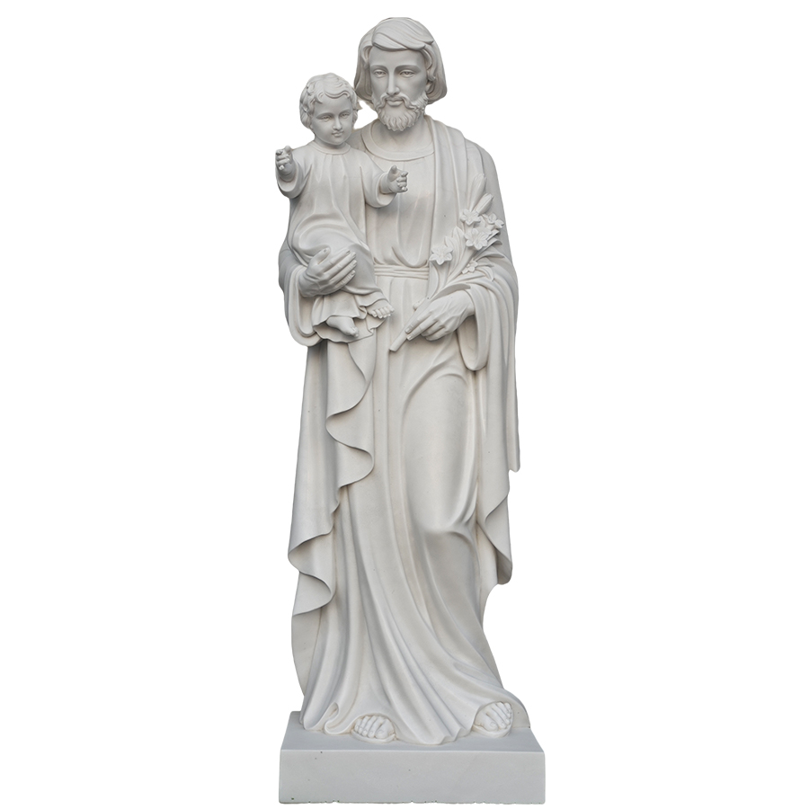 Exquisite white marble sculpture depicting a mother holding a child, showcasing detailed carving and graceful drapery.