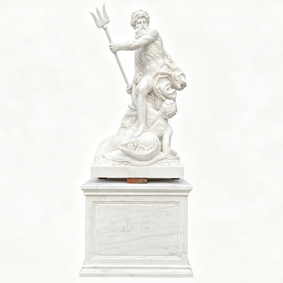 A finely crafted white marble sculpture of Poseidon holding a trident, standing on a detailed pedestal, showcasing classical artistry.