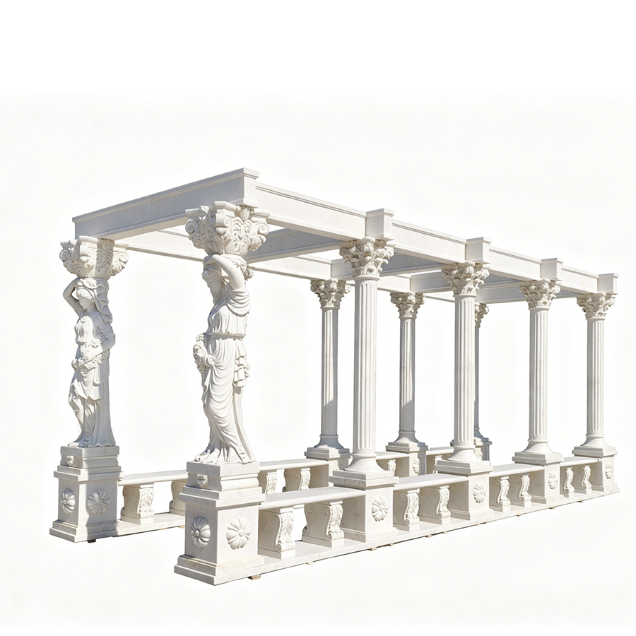 Intricate white marble pavilion featuring classical columns and detailed statue supports under a rectangular structure.