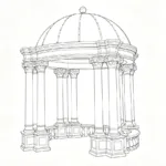 Technical sketch of a marble pavilion with a domed roof, intricately carved columns, and balustrade detailing, highlighting symmetrical architecture.