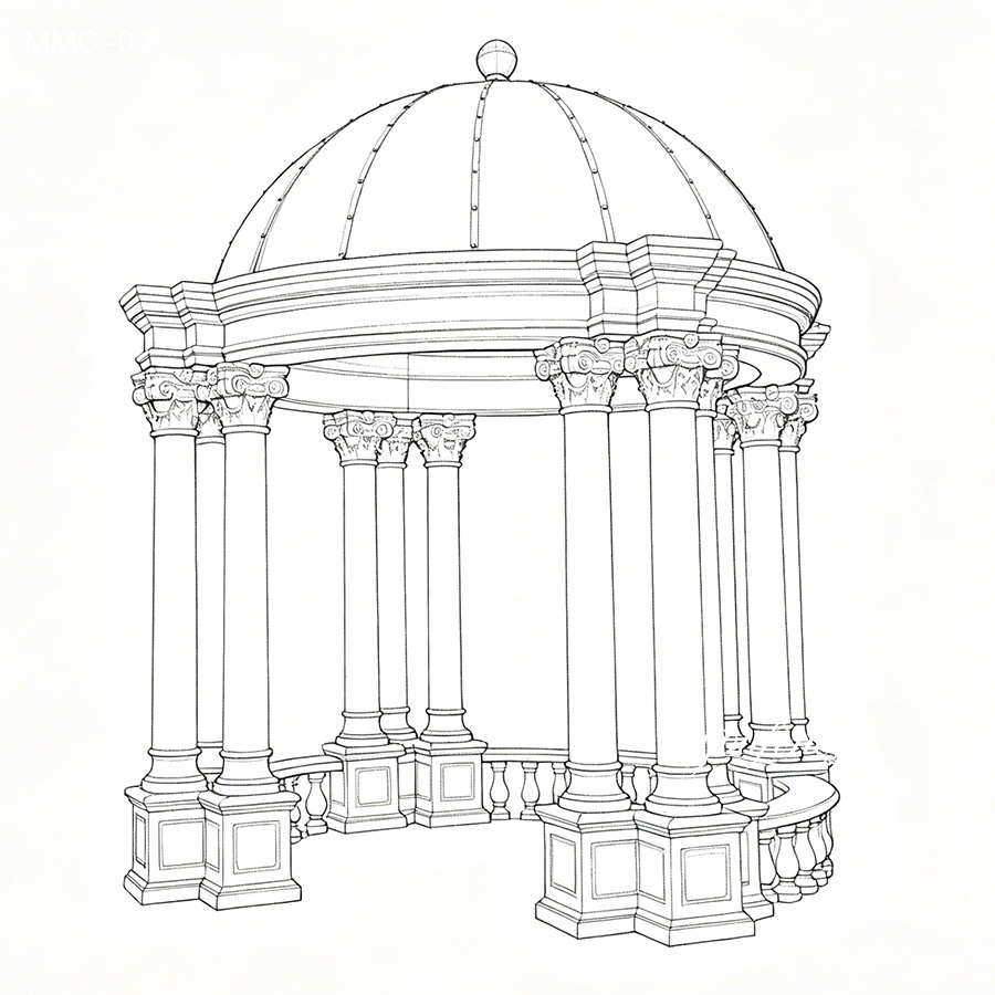 Technical sketch of a marble pavilion with a domed roof, intricately carved columns, and balustrade detailing, highlighting symmetrical architecture.