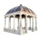 Elegant marble pavilion featuring detailed statues as columns, ornate railings, and a large copper-accented dome.