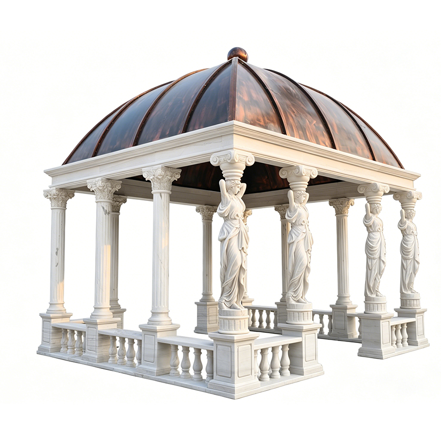 Elegant marble pavilion featuring detailed statues as columns, ornate railings, and a large copper-accented dome.