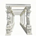 Elegant marble pavilion with intricate Greek-style female sculptures as columns and decorative designs on a white background.