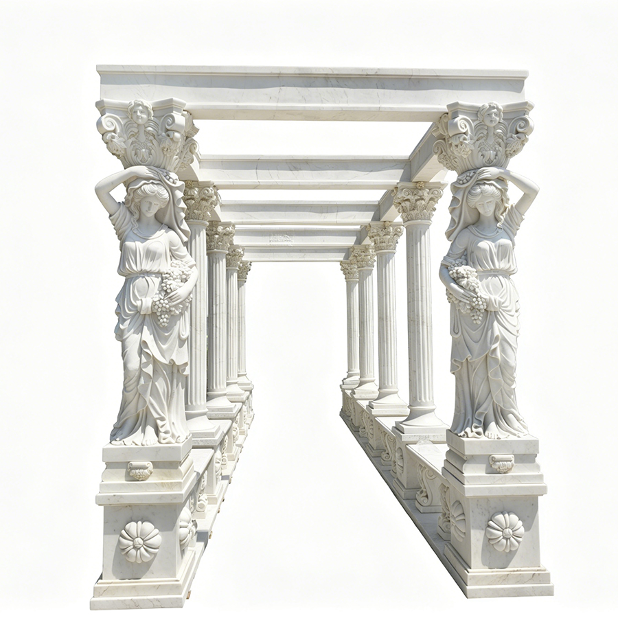 Elegant marble pavilion with intricate Greek-style female sculptures as columns and decorative designs on a white background.
