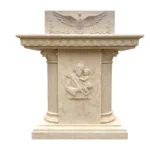 Hand-carved marble religious altar featuring detailed bas-relief, two ornamental columns, and an eagle motif, highlighting artistic craftsmanship.