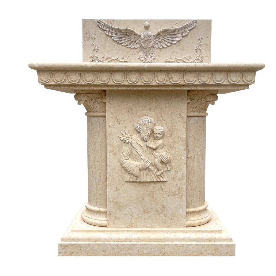 Hand-carved marble religious altar featuring detailed bas-relief, two ornamental columns, and an eagle motif, highlighting artistic craftsmanship.