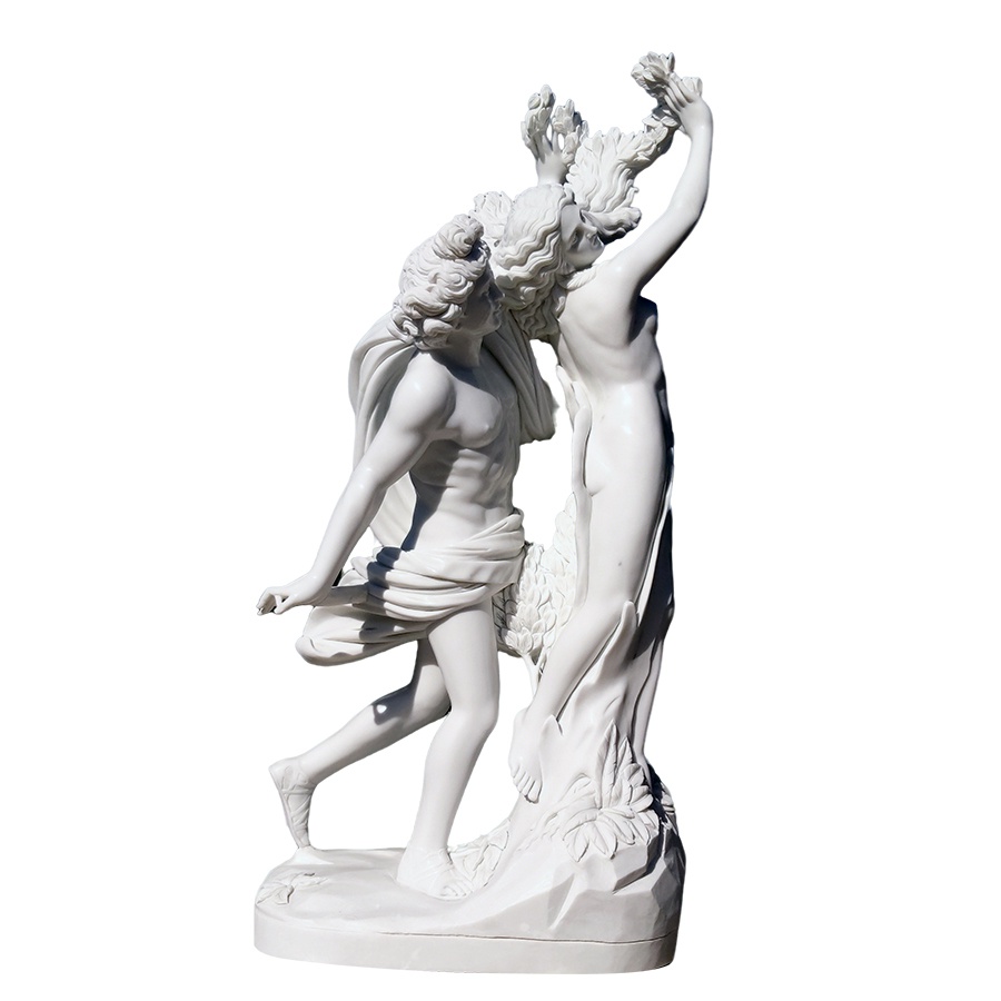 Intricately carved marble sculpture depicting Apollo reaching toward Daphne, who transforms into a tree. Crafted from fine white marble.