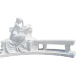 Elegant white marble sculpture bench with a seated woman in classical attire holding a book, showcasing intricate carved details.