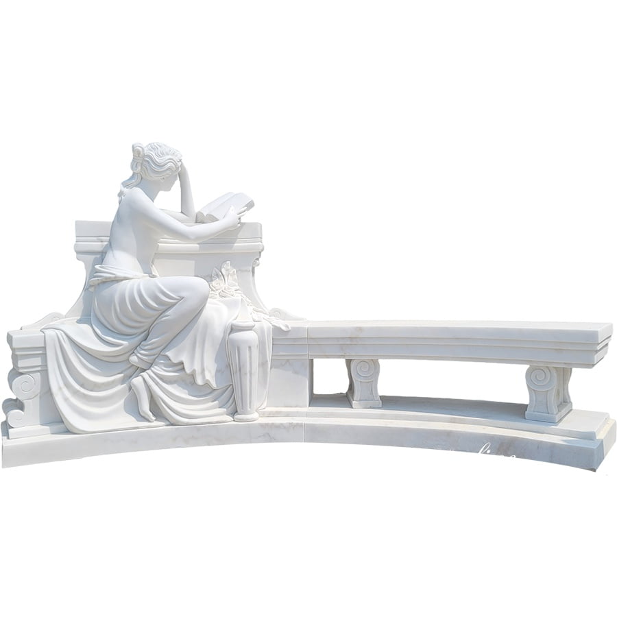 Elegant white marble sculpture bench with a seated woman in classical attire holding a book, showcasing intricate carved details.