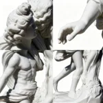 Close-up images showing meticulously carved details of a marble sculpture, including hair, hand, torso, and leg features.