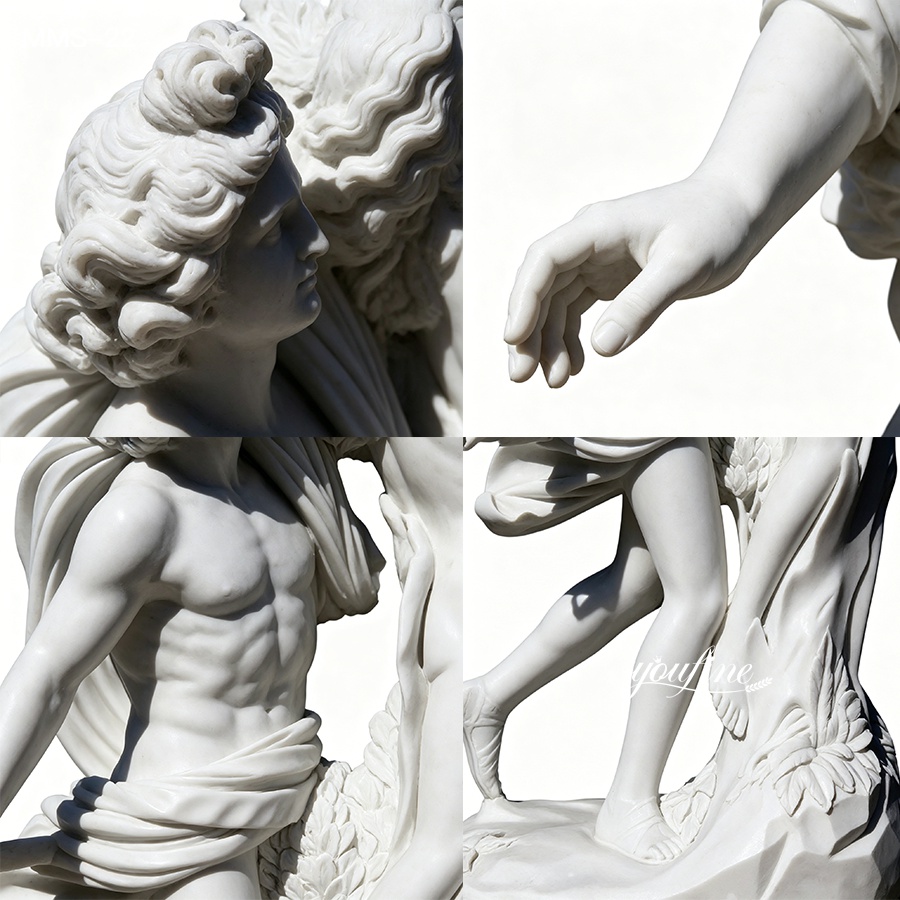 Close-up images showing meticulously carved details of a marble sculpture, including hair, hand, torso, and leg features.