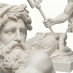 Close-up of a white marble sculpture showing intricate details, including a muscular arm holding a trident, flowing hair, and decorative carvings.