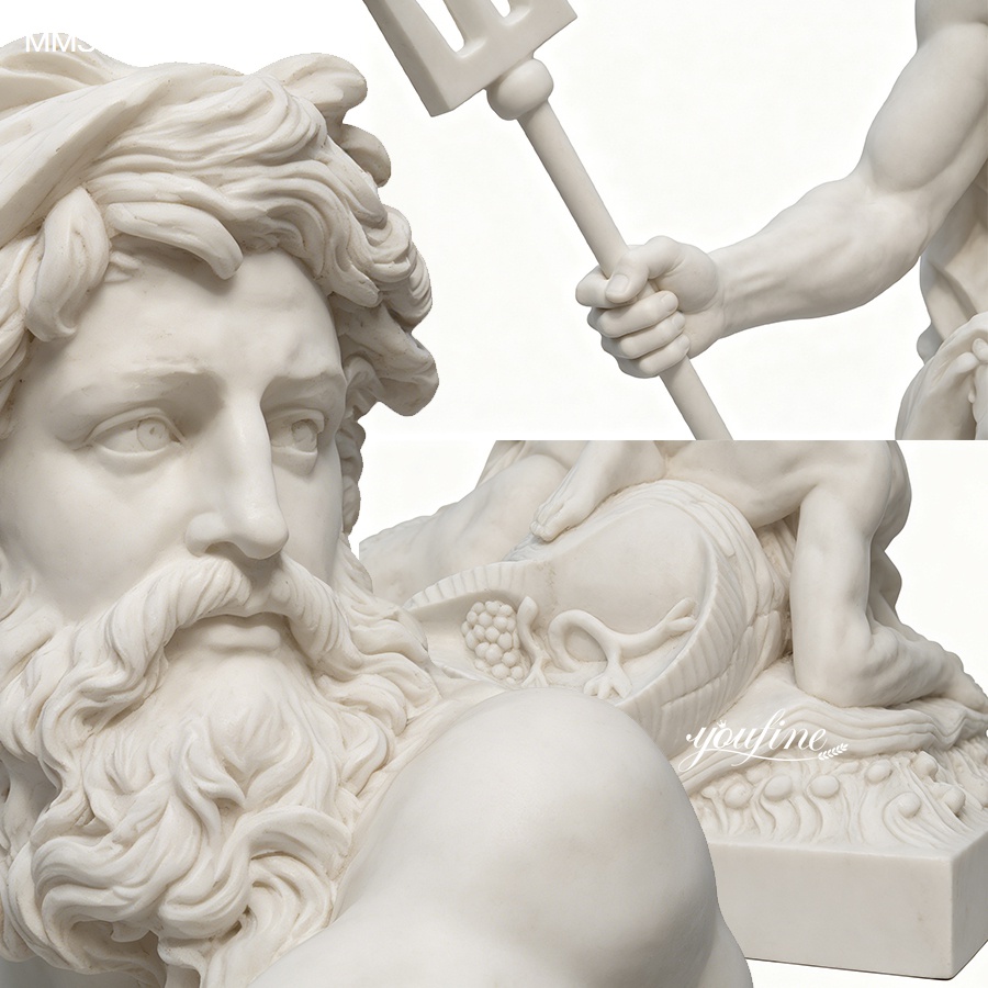 Close-up of a white marble sculpture showing intricate details, including a muscular arm holding a trident, flowing hair, and decorative carvings.