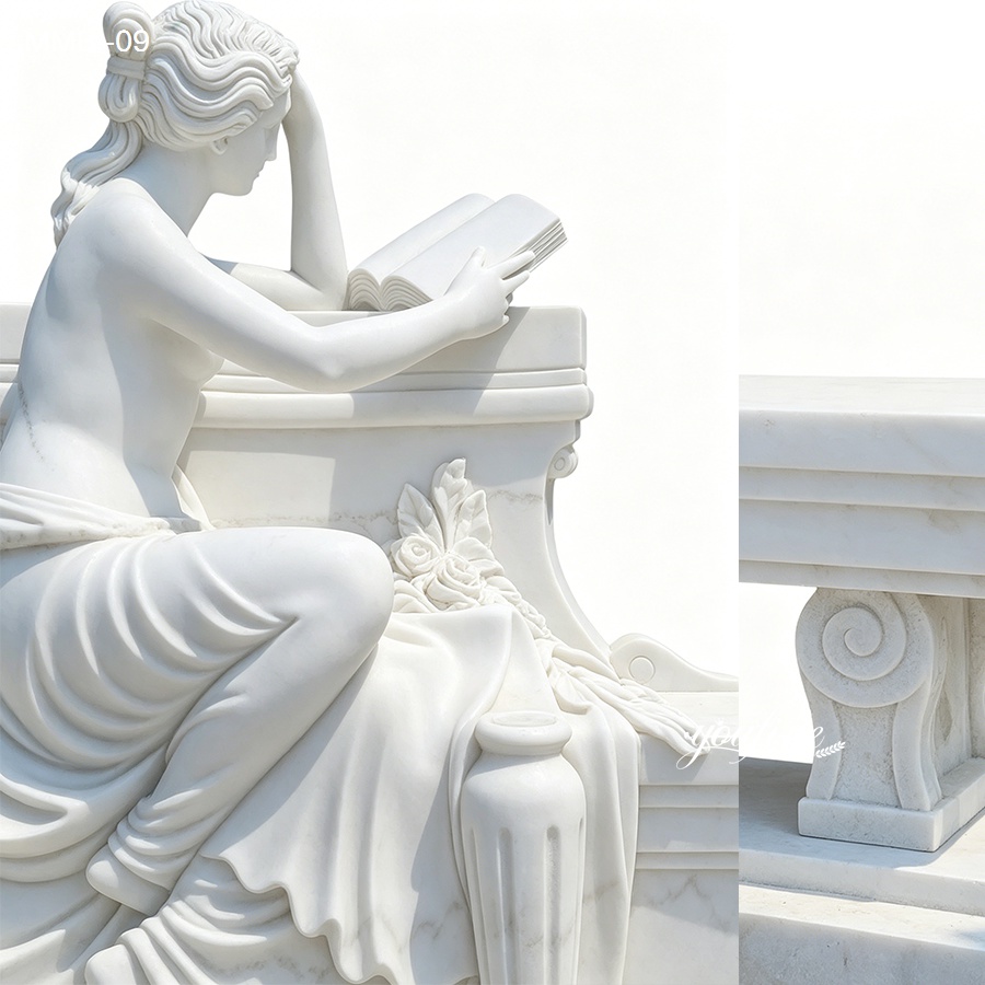 A finely carved white marble sculpture of a woman reading a book, featuring flowing drapery and intricate details on a decorative bench.