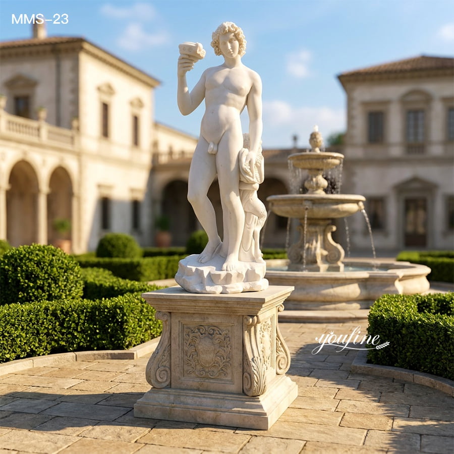 Classic white marble statue on ornate pedestal in a landscaped garden with detailed topiary and fountain centerpiece.