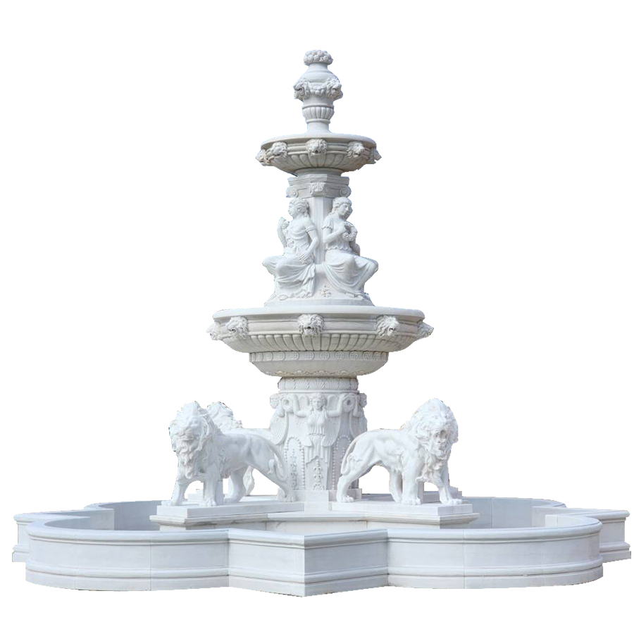 White marble tiered fountain featuring intricate carvings, seated figures, and lion sculptures as part of the base design.