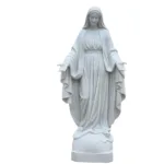 A finely detailed marble statue of the Virgin Mary with open arms, showcasing flowing robes and intricate carving details.