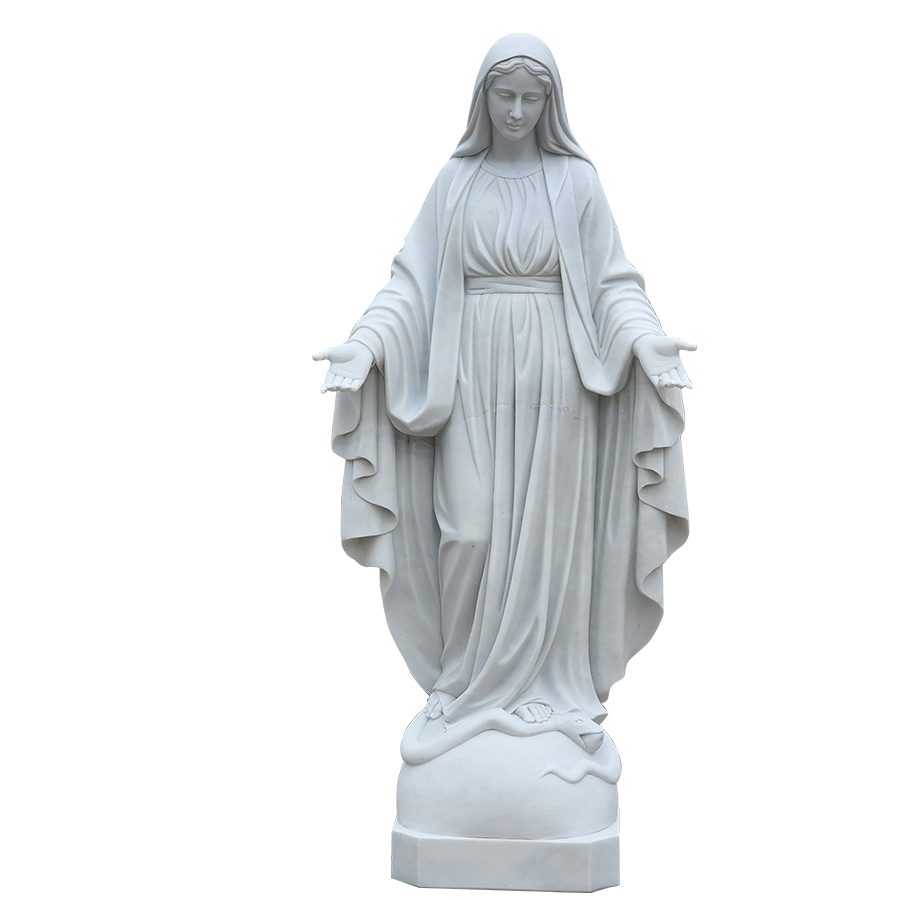 A finely detailed marble statue of the Virgin Mary with open arms, showcasing flowing robes and intricate carving details.