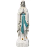 A hand-carved marble statue of the Virgin Mary featuring detailed robes, a rosary, and golden accents, standing on a stone base.