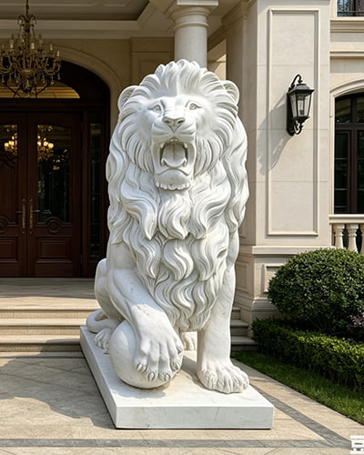 marblle Sitting Lion with Ball statue