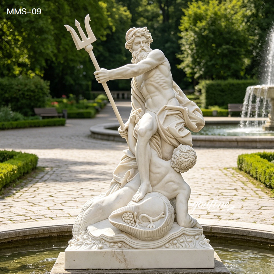 Elegant marble statue of Neptune holding a trident, positioned in a scenic garden fountain with green hedges and pathways.